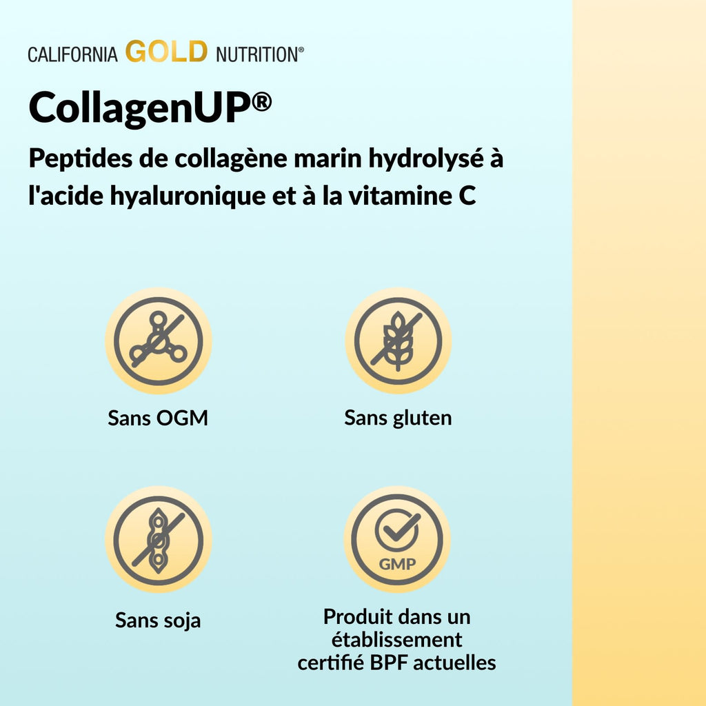 California Gold Nutrition, CollagenUP®, Peptides de collagène marin hydrolysé à l'acide hyaluronique et à la vitamine C, Sans arôme, 206 g