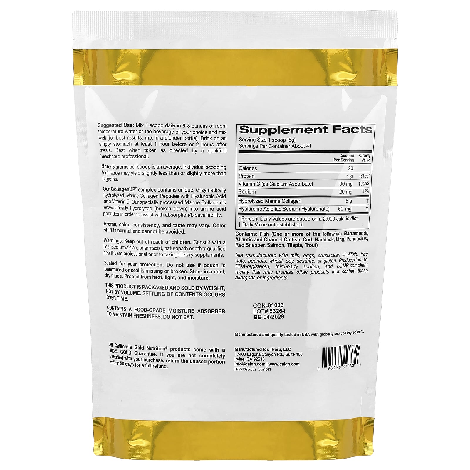 California Gold Nutrition, CollagenUP®, Peptides de collagène marin hydrolysé à l'acide hyaluronique et à la vitamine C, Sans arôme, 206 g