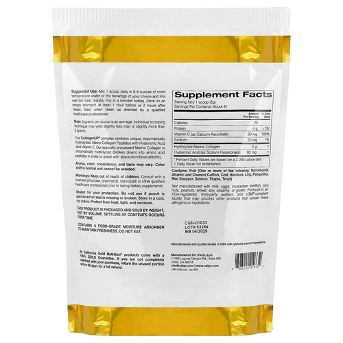 California Gold Nutrition, CollagenUP®, Peptides de collagène marin hydrolysé à l'acide hyaluronique et à la vitamine C, Sans arôme, 206 g
